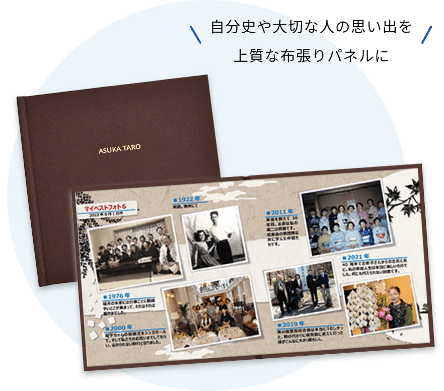 自分史や大切な人の思い出を上質な布張りパネルに